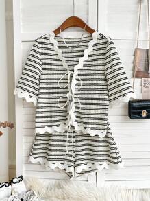 Soleia Casual Vacation Knit Striped Top With Front Tie Contrast Wavy Trim & Contrast Wavy Trim Shorts - White - View 1