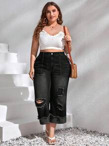 SHEIN Frenchy 大码破洞毛边卷边休闲日常牛仔裤 - 黑色 - 查看 5