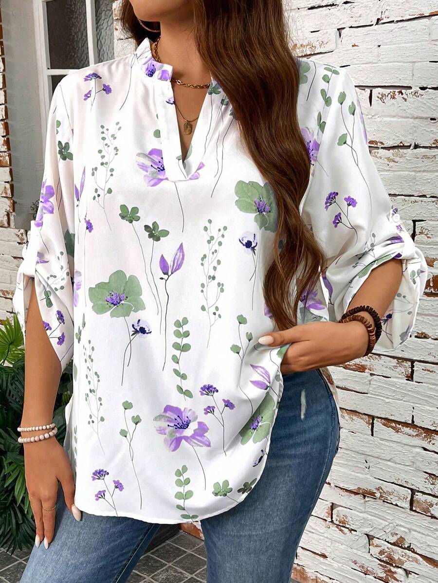 SHEIN LUNE Blusa de manga corta sencilla de diario con estampado floral para mujer talla grande - Multicolor - Ver 1