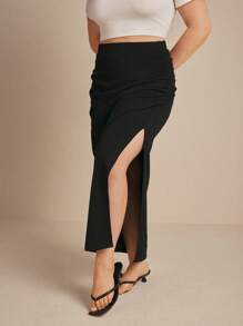 SHEIN Frenchy Falda sencilla y casual con bajo dividido de color liso, conjunto de ropa para mujer talla grande otoño, para crucero - Negro - Ver 2