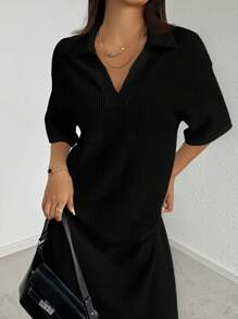 Seusyu Black Drop Shoulder Collar Split Dress - Black - View 6