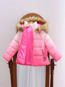SHEIN Young Girl Rainbow Print Warm Hooded Zipper Coat With Fluffy Collar, Winter - Pink - View 6