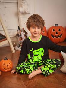 SHEIN Young Boys Halloween Cartoon Pattern Long Sleeve Knitted Sleepwear Set, Flame Retardant, 2pcs Pajama Set (3 Sets Sold Separately, Daddy & Me Matching Outfits)