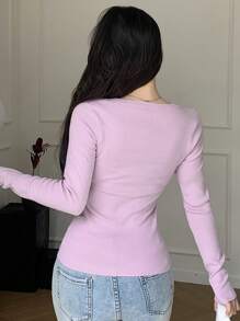 DAZY Women Square Neck Long Sleeve Slim Fit Sweater, Spring Autumn,Fall Women Clothes - Purple - View 5