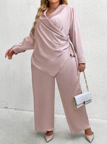 SHEIN CURVE+ Bộ 2 chiếc khăn choàng cổ màu trơn cỡ lớn có cổ áo dài tay và bộ quần dài - Rượu sâm banh - Xem 5