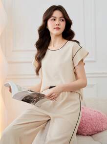 SHEIN Teen Girl's Casual Color-Block Ruffle Trim Short Sleeve Top And Pants Pajama Set - Beige - View 7