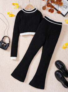 Tween Girls Comfortable Knit Button-Up Cardigan And Flared Pants Sweater Set For School, Parties, And Traveling - Black - View 3