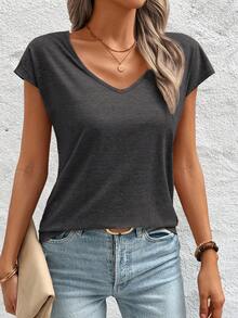 SHEIN LUNE Camiseta de manga con volantes y espalda descubierta con cuello en V de unicolor, para primavera y verano - Gris Oscuro - Ver 4