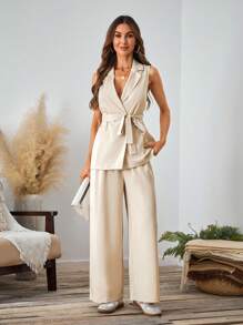 SHEIN LUNE 2pcs Solid Color Sleeveless Blazer & Pocket Pants Khaki Suit Set - Khaki - View 6