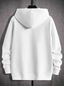 Manfinity LEGND 男士宽松印花抽绳连帽抓绒卫衣，适合秋冬季节，长袖上衣 - 白色 - 查看 2