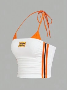 SHEIN ICON Conjunto de ropa casual de verano estilo Y2K con top corto de bloques de color con bordado de letras en contraste de estilo biker, escote halter, ajuste ceñido