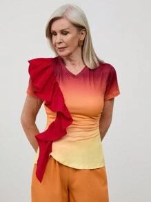 SHEIN LUNE Ensemble deux-pièces femme, T-shirt à col V à volants dégradé et pantalon, manches courtes, été - Multicolore - Voir 1