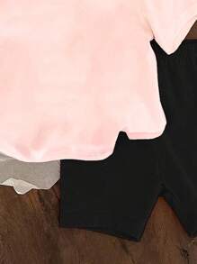 SHEIN 2pcs Baby Girls' Fashionable And Cute Bowknot Letter Printed Casual And Comfortable Round Neck Short Sleeve T-Shirt And Shorts Set, Suitable For Outdoor Vacation In Summer - Pink - View 3