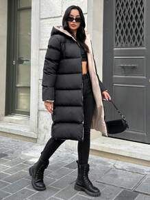 SHEIN Tall Abrigo acolchado con capucha y cremallera para mujer, para mujeres altas - Negro - Ver 5