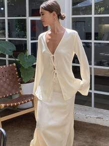 Livesso 女士纯色束腰长袖修身衬衫，配蝴蝶结，秋季服装