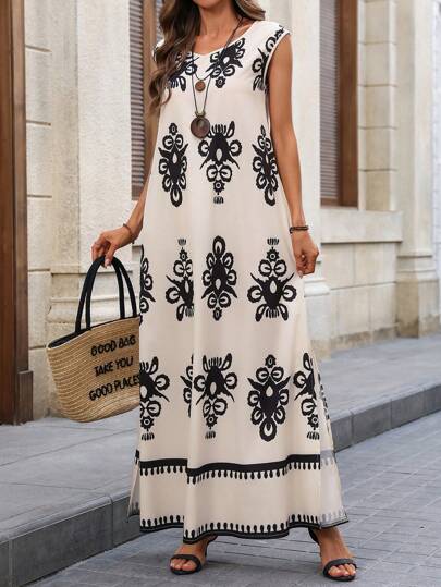 EMERY ROSE 无袖满版印花V领连衣裙，休闲度假