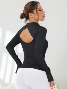 SHEIN Sports 纯色前拉链长袖简约运动夹克，日常休闲穿着 - 黑色 - 查看 4