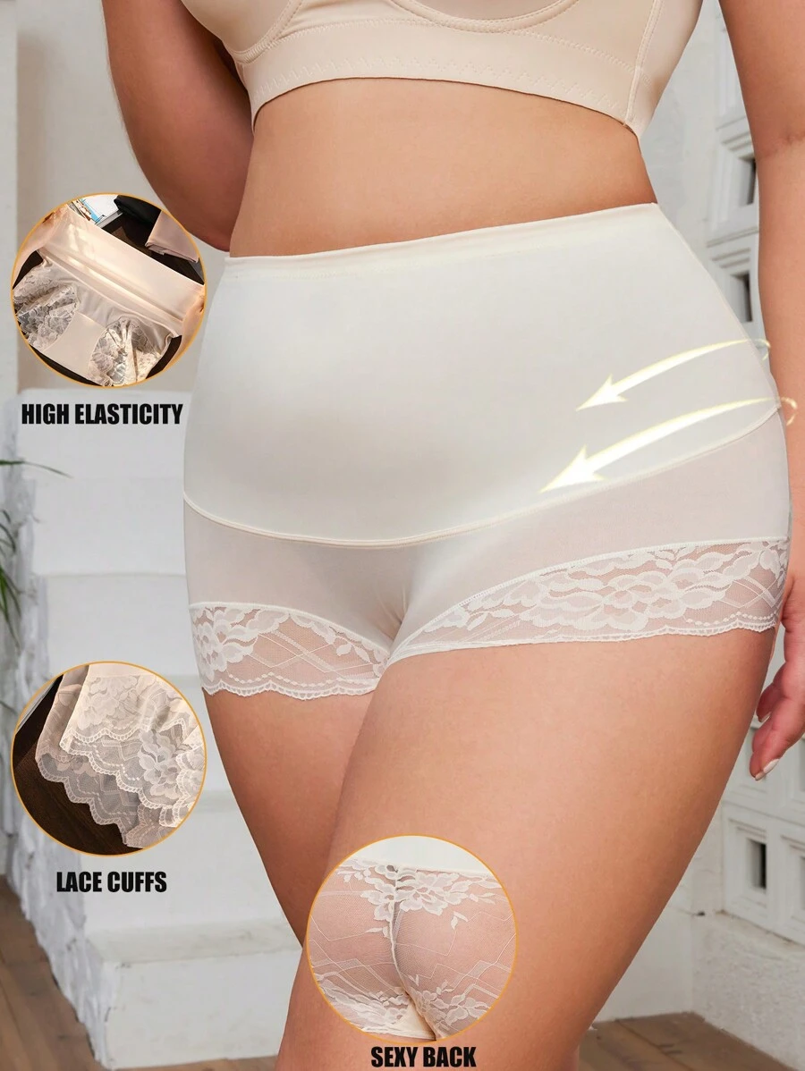 Plus Size Solid Color Sexy Lace Briefs Shapewear Bottom - Beige - View 1