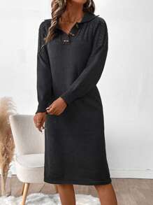 Chiquease 纯色翻领长袖正面纽扣简约毛衣裙，休闲 - 深灰色 - 查看 6