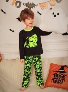 SHEIN Young Boys Halloween Cartoon Pattern Long Sleeve Knitted Sleepwear Set, Flame Retardant, 2pcs Pajama Set (3 Sets Sold Separately, Daddy & Me Matching Outfits)