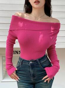 DAZY 1pc Off-Shoulder Fitted Knit Sweater,Long Sleeve Tops Fall - Hot Pink - View 7
