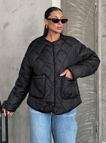 SHEIN Tall 绗缝双口袋系带冬季外套，休闲，日常穿着 - 黑色 - 查看 4