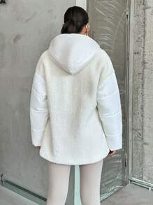 EURMUSE Plus Women's Coat Made Of Fluffy Fabric And Padding With A Fitted Design, Fabric Patchwork, Adjustable Waist, Side Pockets With Zipper, Hood - White - View 2