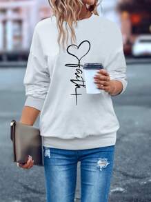 SHEIN LUNE Women Casual Letter & Heart Print Sweatshirt Pullover Fall Sweatshirt - White - View 4