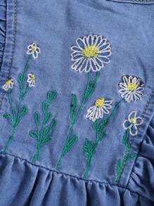 Infant/Toddler Girls' Cute Embroidered Ruffle Shoulder Denim Dress - Light Wash - View 5