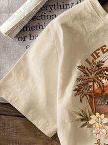 SHEIN Camiseta de manga corta con cuello redondo de niña preadolescente con estampado de coche de dibujos animados vintage en beige, adecuado para primavera y verano, ropa para volver al colegio