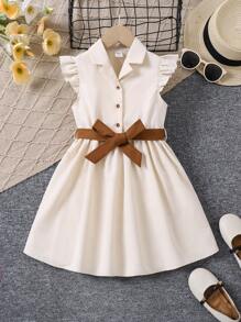 Vestido con cuello en V para niña joven con mangas cortas, cinturón con botones y diseño cruzado - Beis - Ver 1