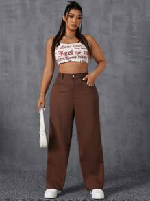 SHEIN ICON Plus Size Women Plain Simple Everyday Boyfriend Jeans - Coffee Brown - View 3