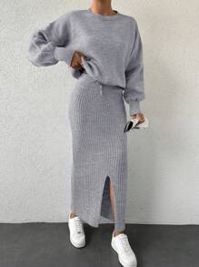 EURMUSE 1set Loose Drop Shoulder Sweater & High Side Split Hem Sweater Skirt