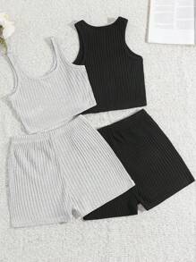 SHEIN Cottnline 2 Sets Knit  Top And Ribbon Detail Shorts Lounge Sets - Multicolor - View 2