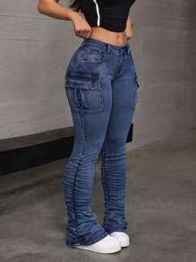 SHEIN ICON 女式纽扣腰带环口袋褶皱设计时尚修身牛仔裤