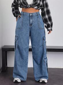 SHEIN EZwear Quần Jeans Boyfriend Thiết Kế Túi Size Lớn Mặc Hàng Ngày Thường Ngày - Màu xanh lam - Xem 3