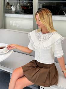 EURMUSE Women Textured Knit Lace Detailed Round Neck Front Button Sweater - White - View 3