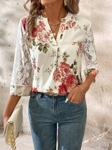 SHEIN Clasi Blusa con cuello en V, manga con encaje y estampado floral para mujeres - Multicolor - Ver 6