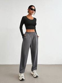 Easithlete Nuevo conjunto de ropa deportiva casual para mujeres, ropa informal con diseño transpirable y cómodo para correr al aire libre, entrenamiento, yoga - Negro - Ver 3