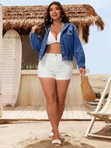 SHEIN LUNE Plus Size Women Simple Solid Color Daily Wear Hooded Long Sleeve Denim Jacket - Dark Wash - View 4