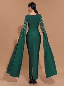 Modphy 全新性感奢华水钻装饰修身斗篷袖绷带连衣裙，女式长款正式晚礼服，适合派对、宴会、节日 - 墨綠色 - 查看 2