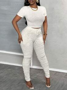 Slaydiva 2pcs Women's Casual Sports Set With Cropped Top And Ruched Shorts - Beige - View 5