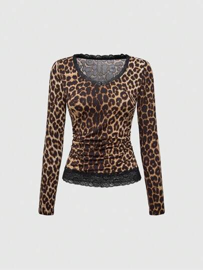 Grunge Punk Ladies Leopard Print Lace Trim Patchwork Fitted Casual T-Shirt With Bow