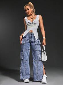 SHEIN SXY Phụ nữ Túi Nút Thẳng Thời Trang Thường Ngày Chia Quần Jean Đa Năng Hợp Thời Trang - Rửa nhẹ - Xem 8