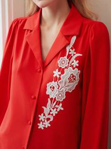 MOTF PREMIUM CLASSY LAPEL COLLAR EMBROIDERY FLORAL PATTERN LANTERN SLEEVE SHIRT - Red - View 3