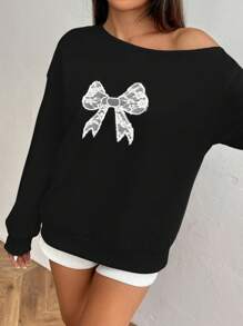 SHEIN Unity Áo len nữ mùa xuân hè đính nơ thêu cổ bất đối xứng - màu đen - Xem 4