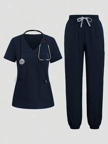 HOMEYEE 女士手术服上衣，经典多口袋 V 领上衣和裤子套装护理制服手术服套装 - 藏蓝色 - 查看 1