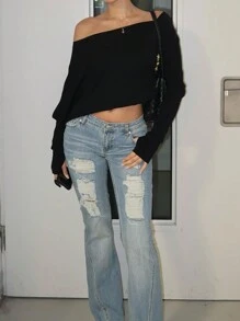 INAWLY Damen leichtes Crop T-Shirt mit Schulterausschnitt Einfarbig für Frühling und Sommer, schwarzes Crop Top mit Langarm