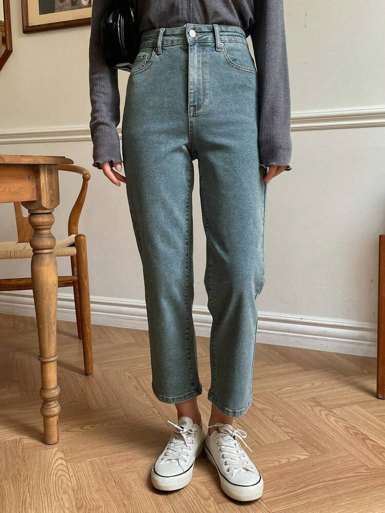 Women's Solid Color Minimalist Everyday Hooded Long Sleeve Denim Jacket & Denim Pants Women Jeans