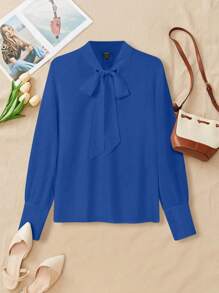 Chiquease Blusa de trabajo de manga larga de un solo color simple con lazo delantero para mujeres